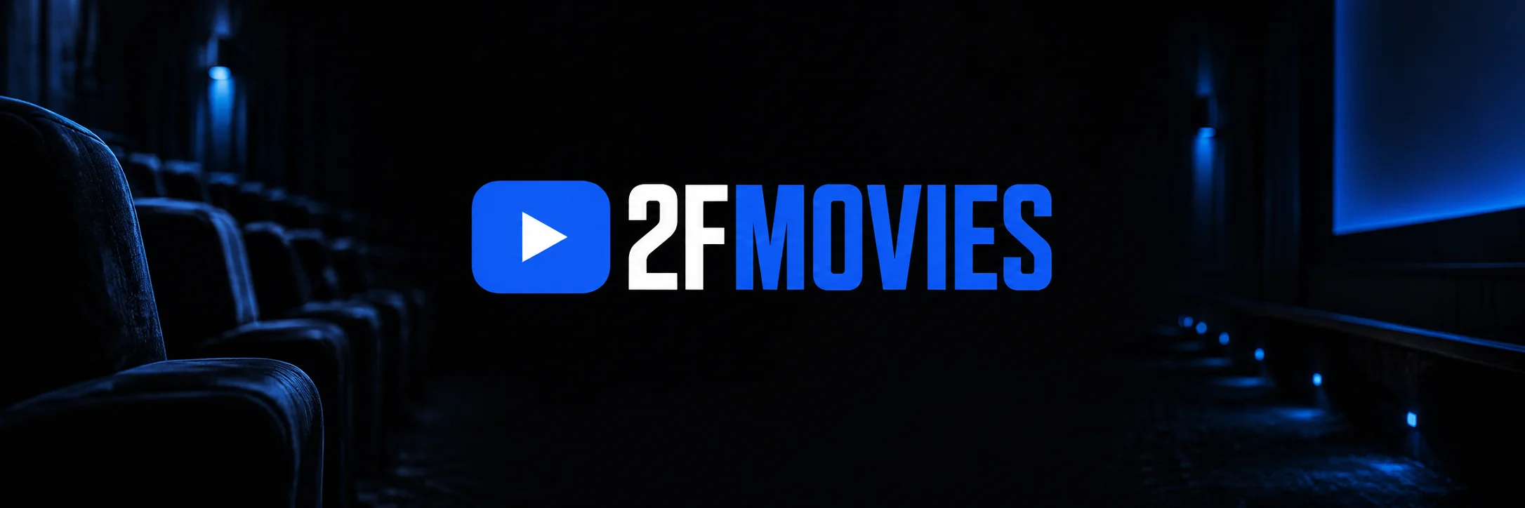 2FMovies blue play-button logo in a dark cinema